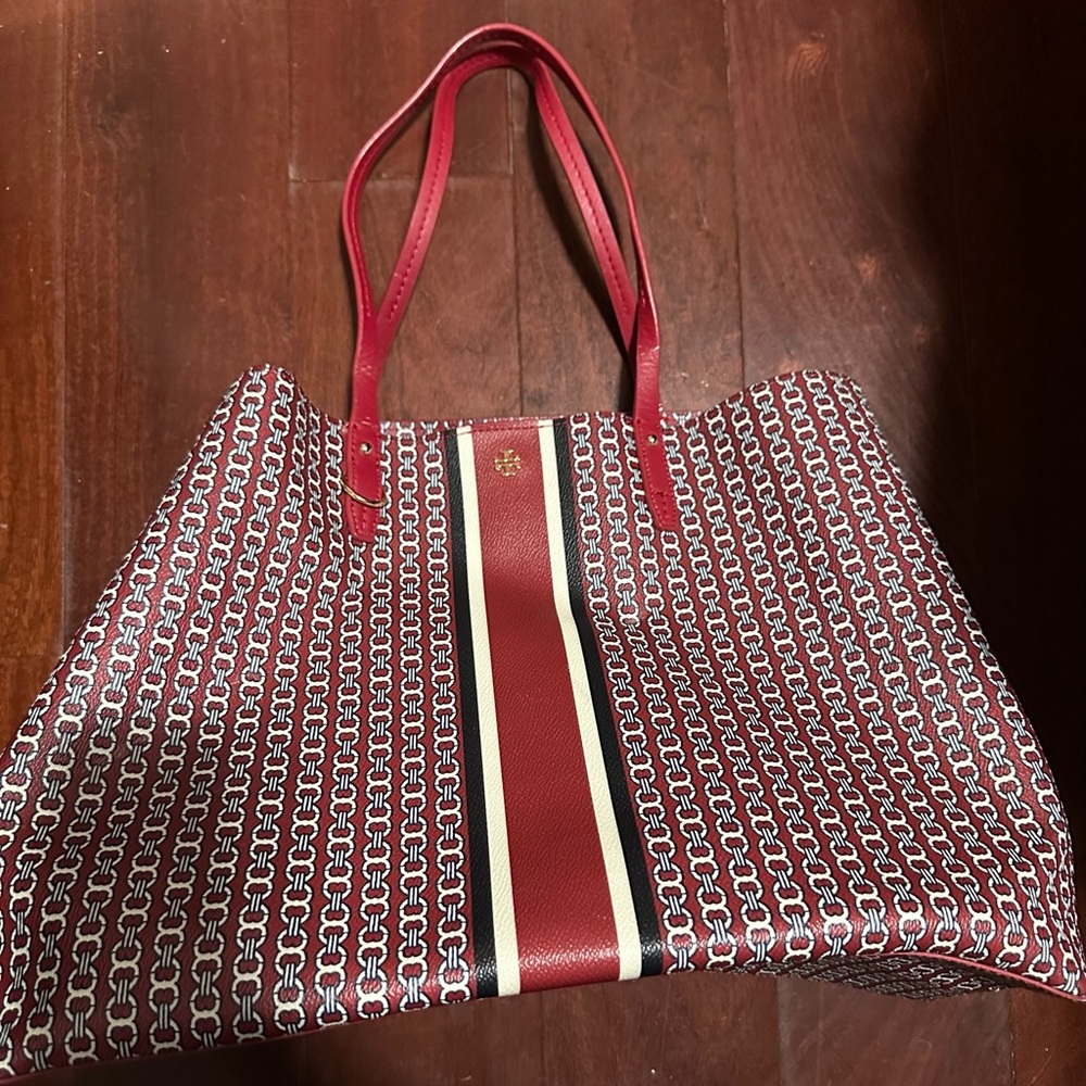 Tory Burch Gemini Link Coated Canvas Open Top Large Tote Purse Red Bag